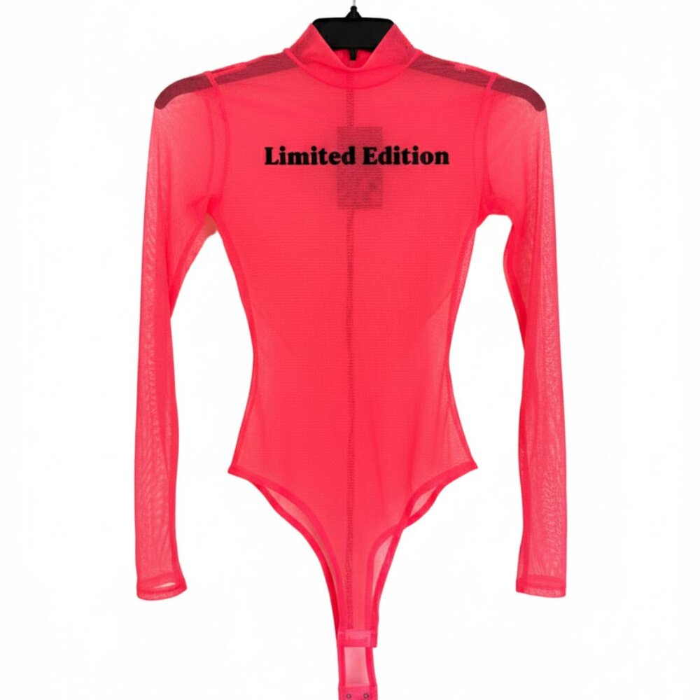 Fashion Nova Neon Pink Mesh Bodysuit Sheer Mock Neck Size Small NEW